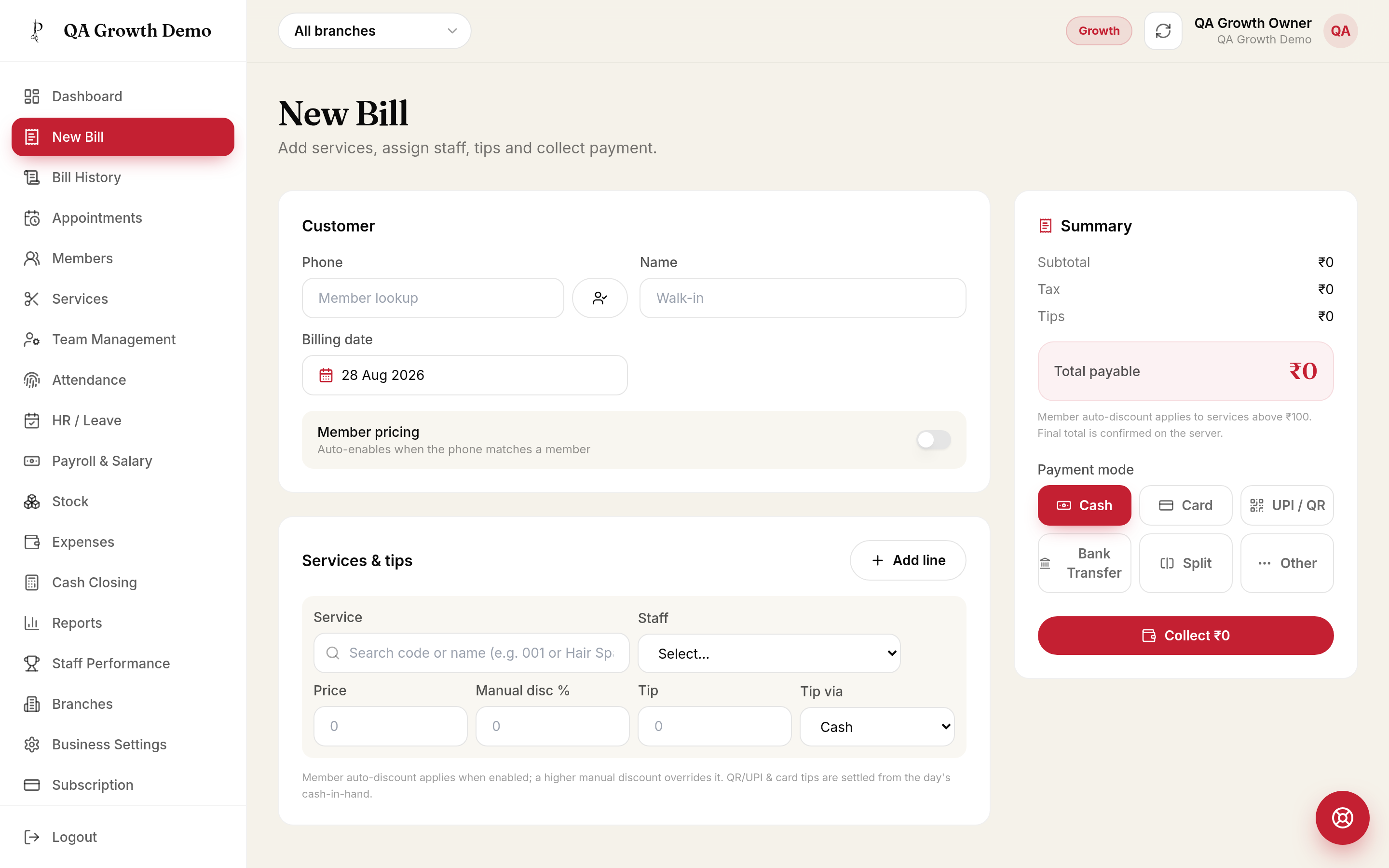 ParlourPilot billing and POS screen with services, tips, discounts and payment modes