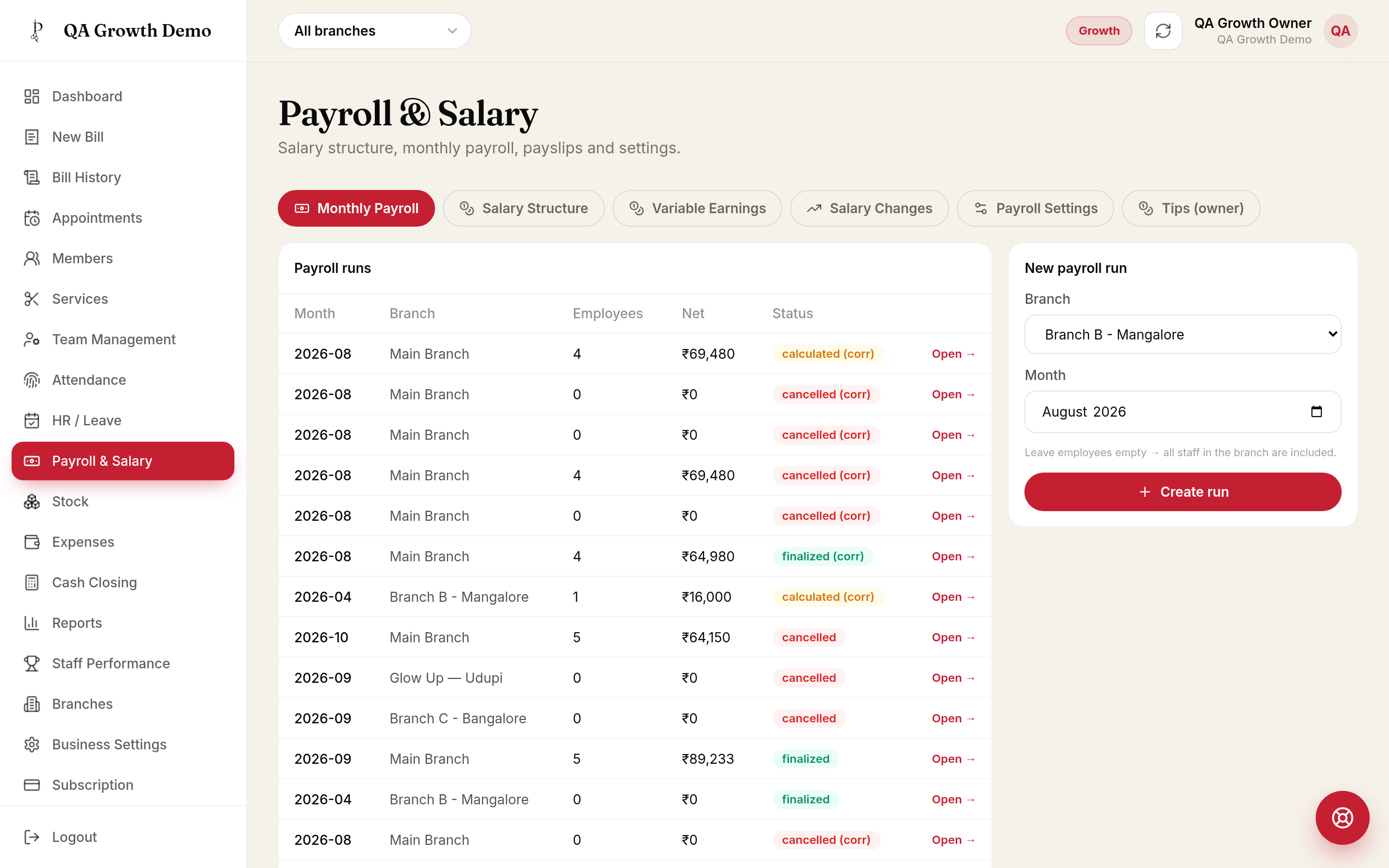 ParlourPilot payroll and salary processing screen with monthly runs and payslips
